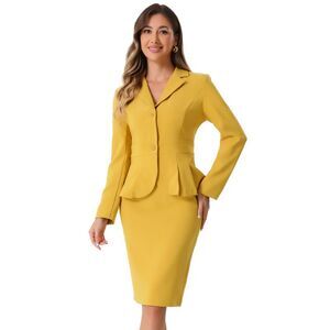 Skirt Suit Set 2 Piece Outfits Office Peplum Blazer Pencil Skirt Yellow